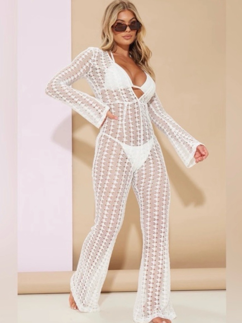 PrettyLittleThing White Crochet Jumpsuit